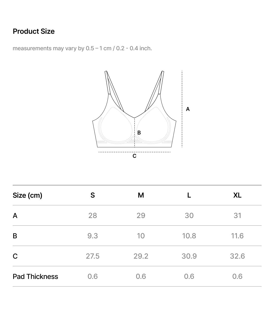 Size Chart - COOL FIT SLIM STRAP HOOKLESS BRA