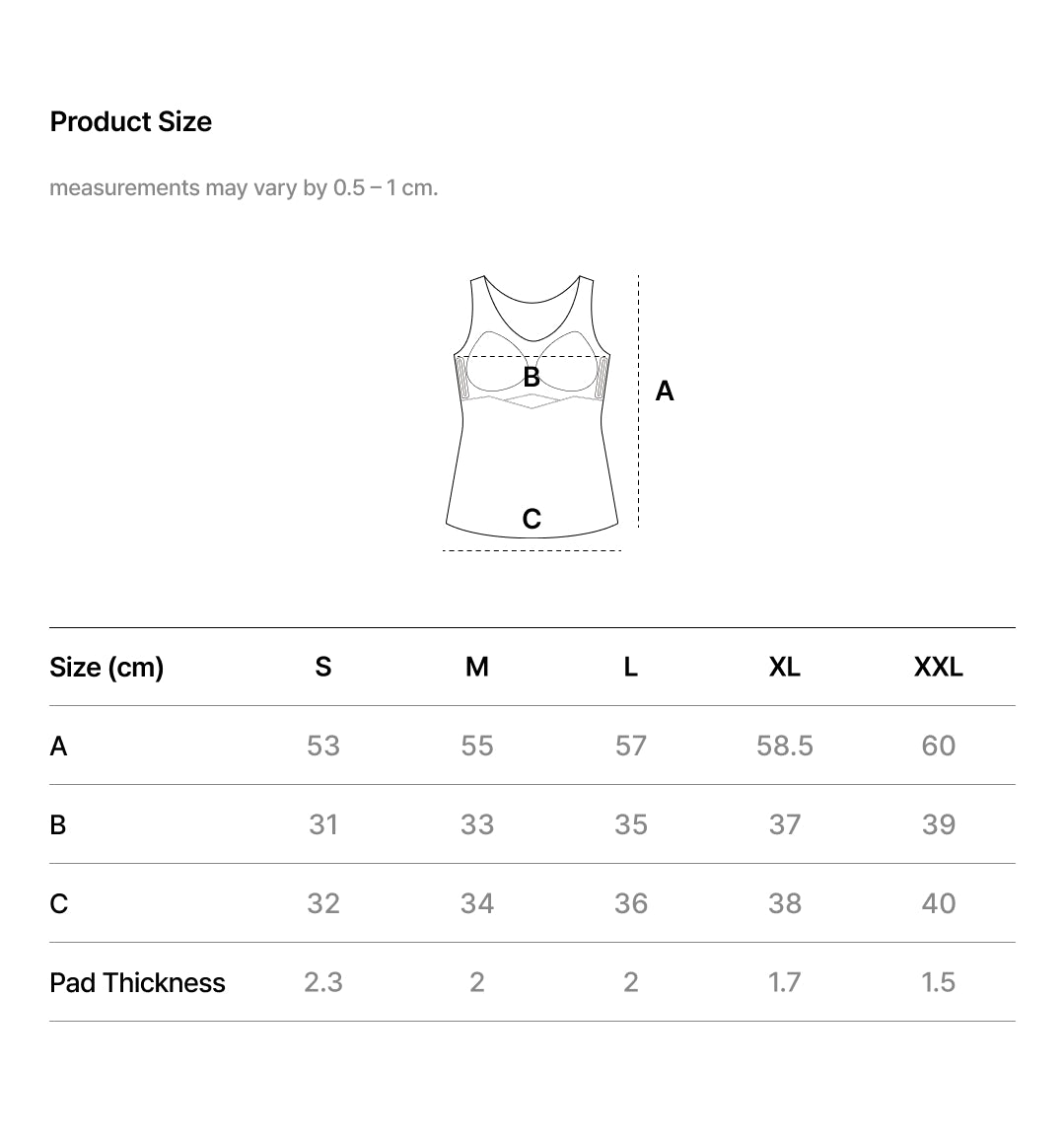 WARM TOUCH SLIMMER PUSH-UP BRA TOP size chart