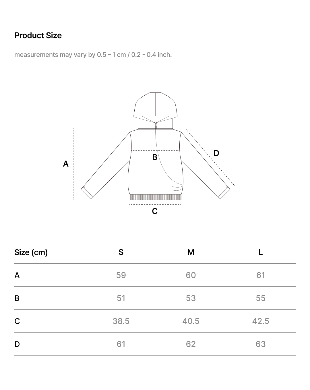 EASE FIT COVER-UP HOODIE size chart