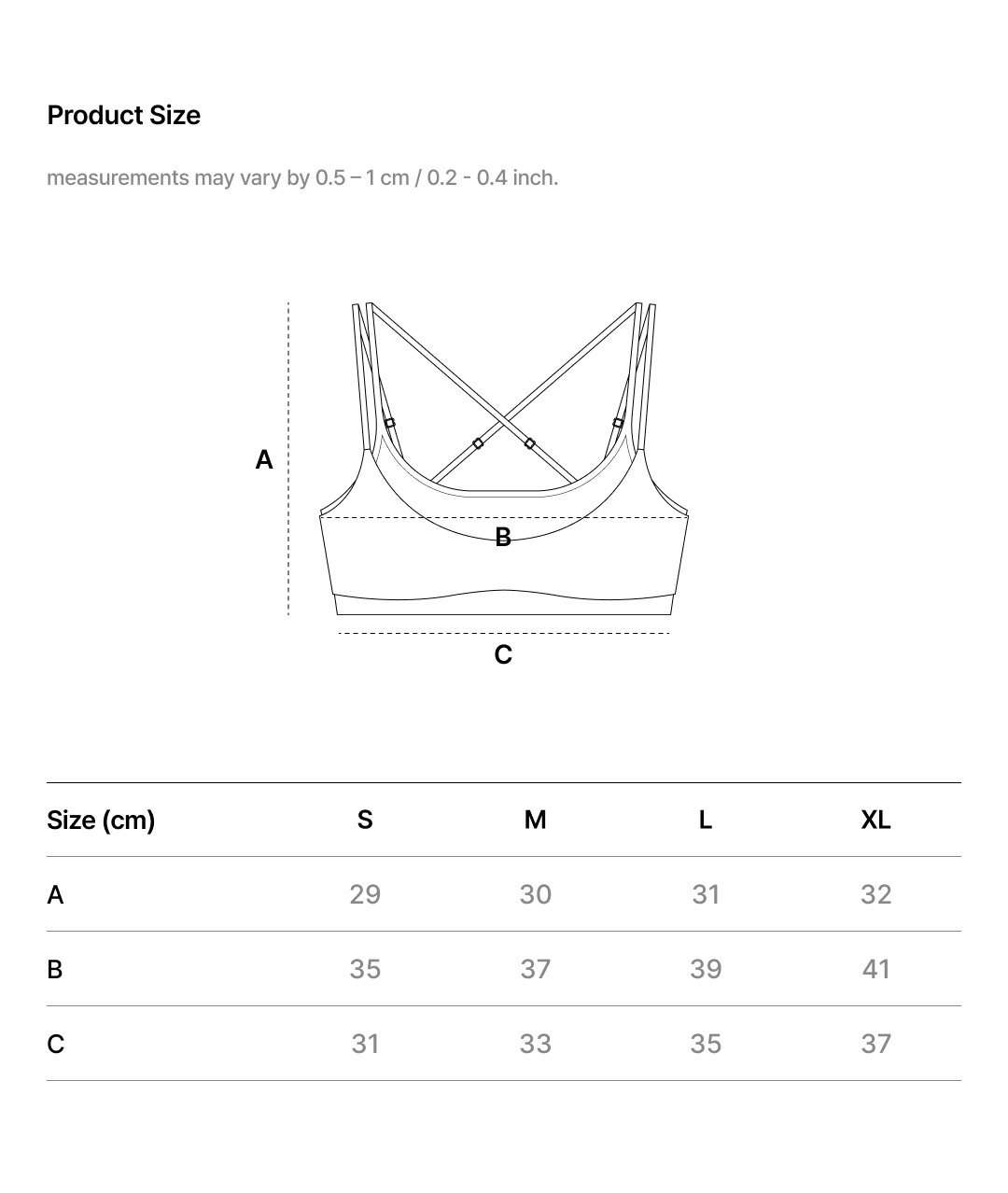 EASE FIT DOUBLE-LAYERED CROPPED BRA TOP size chart
