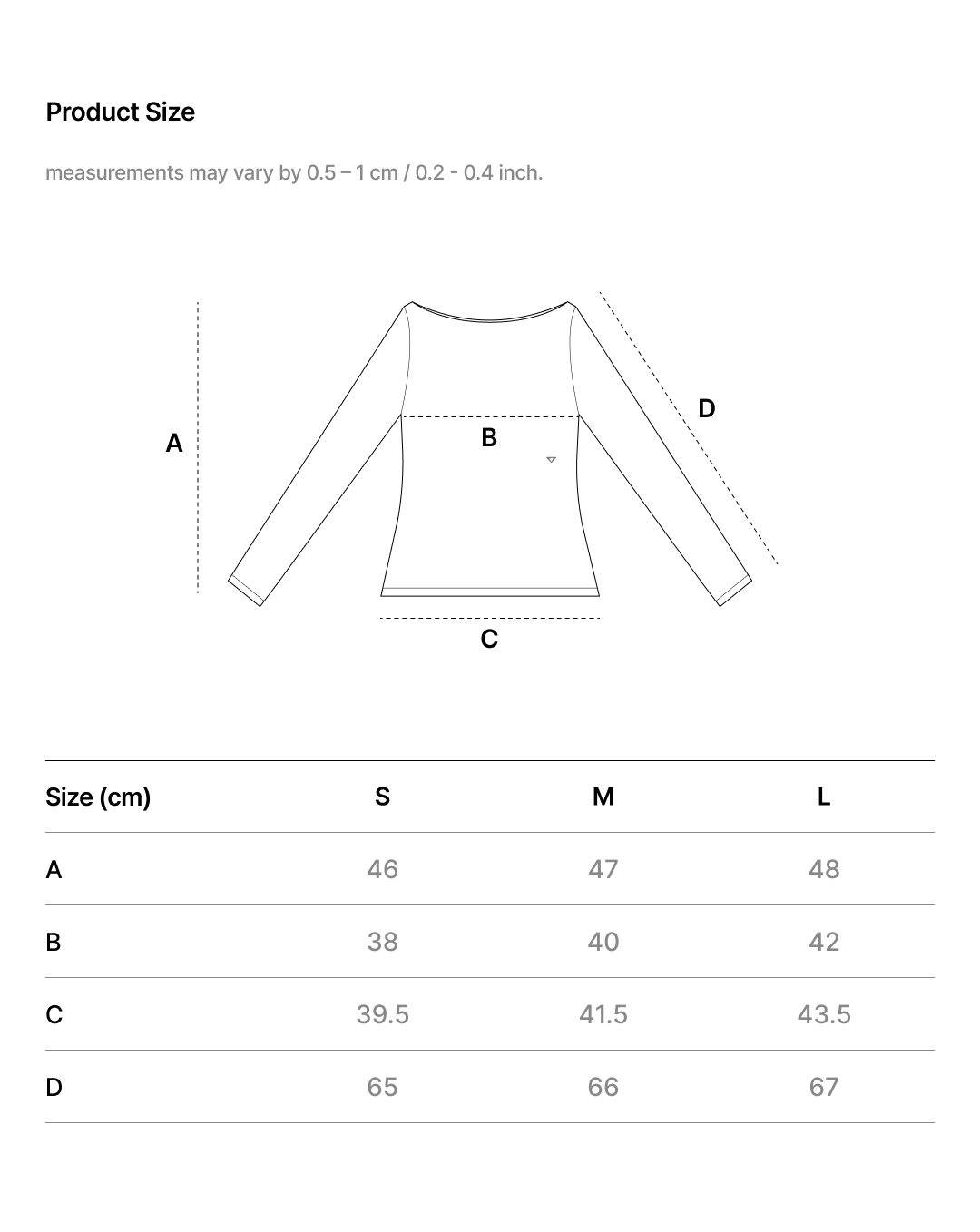 EASE FIT OFF SHOULDER LONG SLEEVE T-SHIRT size chart