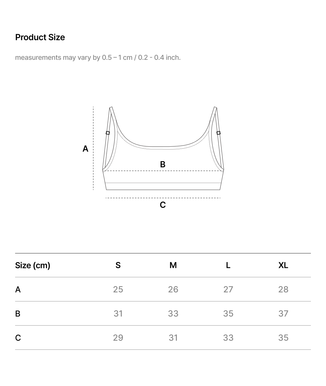 EASE FIT SCOOP NECK CROPPED BRA TOP size chart
