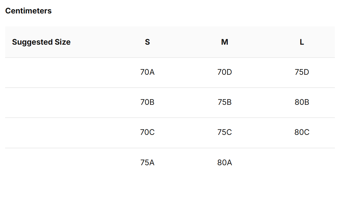 Cool Fit Logo Band Bra size chart (cm)