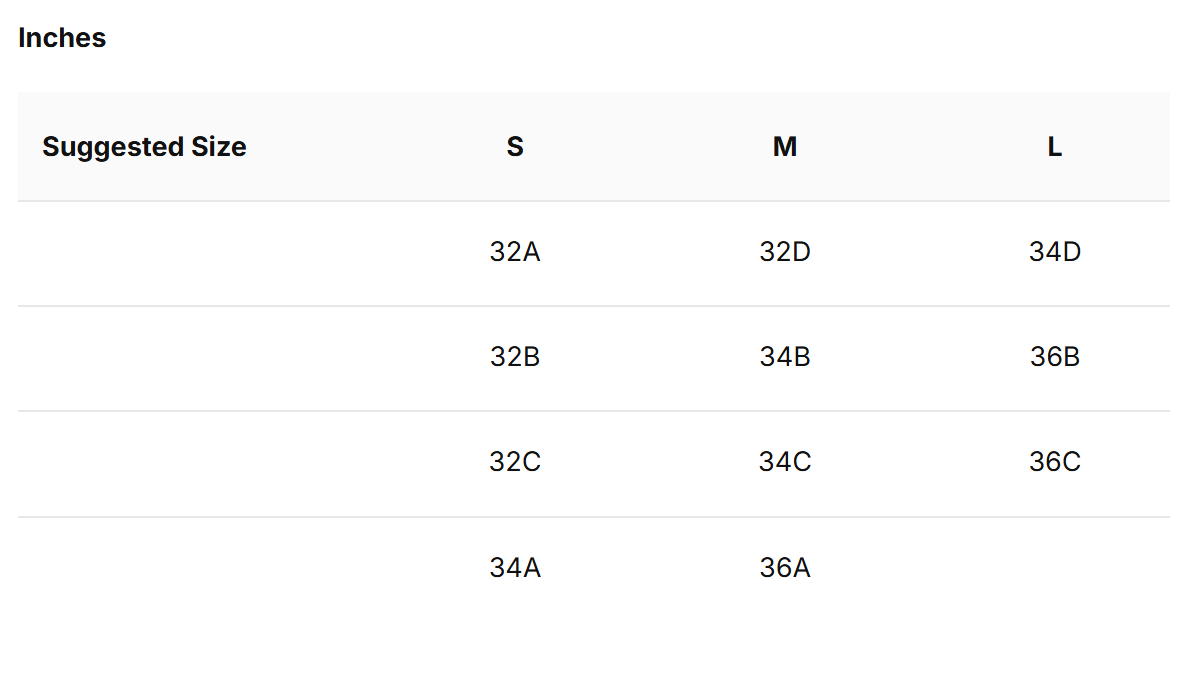 Cool Fit Logo Band Bra size chart (inches)