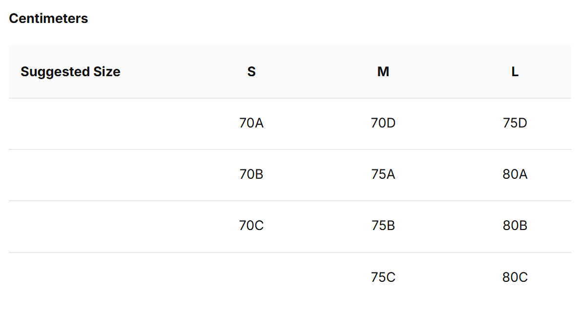 Cool Fit Logo Bra size chart (cm)