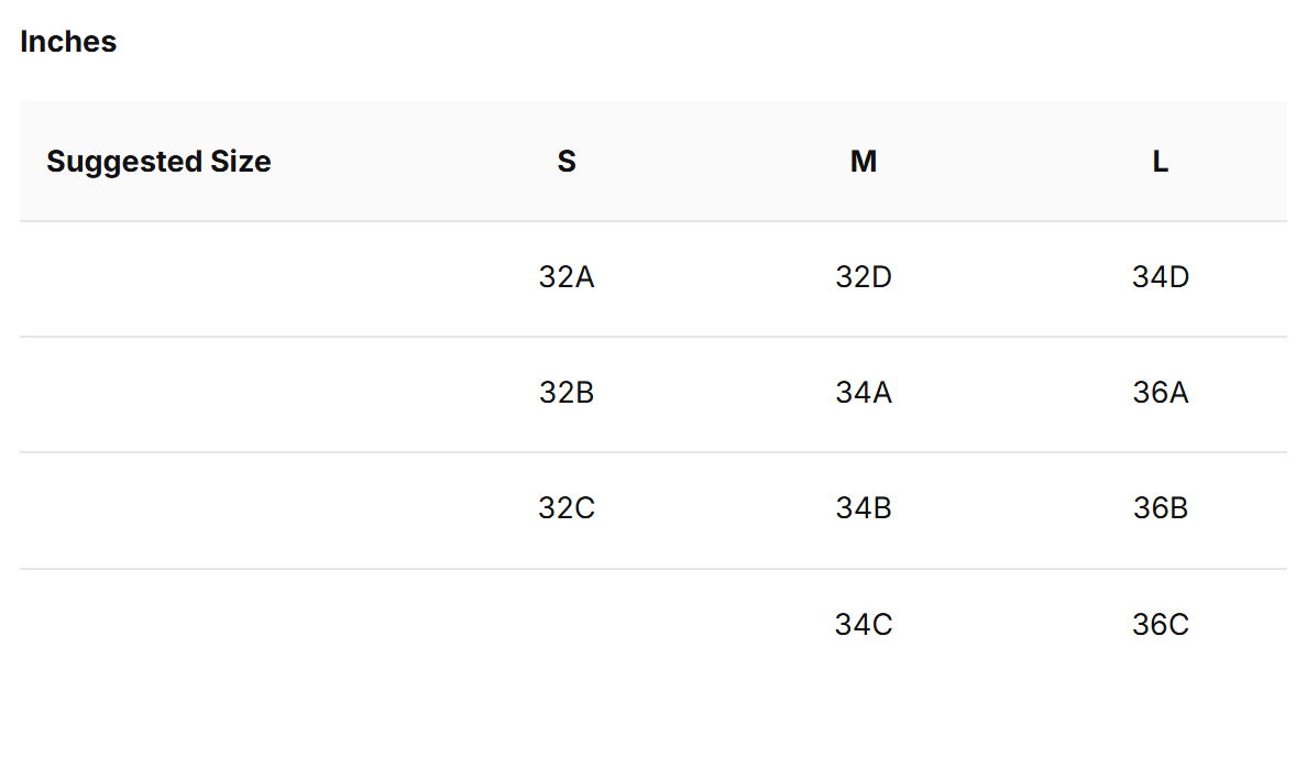 Cool Fit Logo Bra size chart (inches)