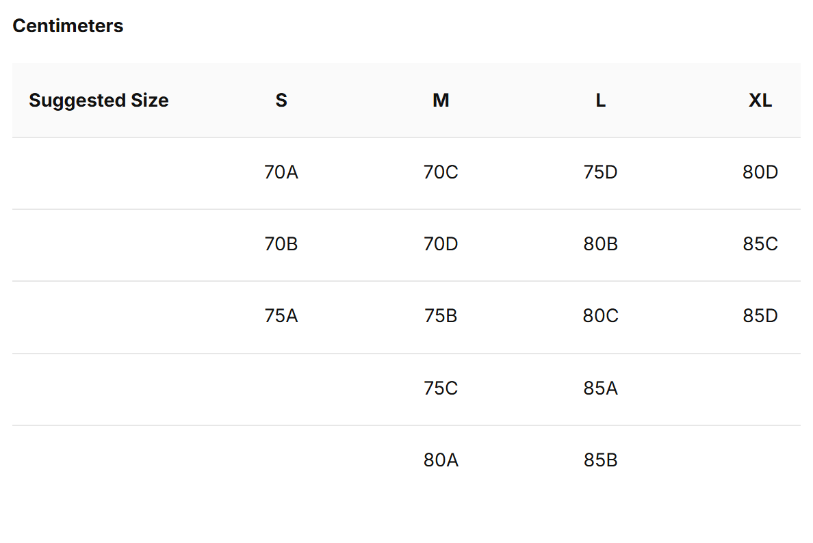 Essential Fit Logo Backless Bralette size chart (cm)